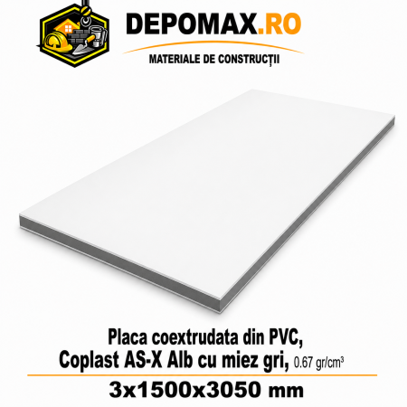 Placa coextrudata PVC Coplast AS-X Alb cu miez gri 0.67 g/cm3, 3x1500x3050 mm